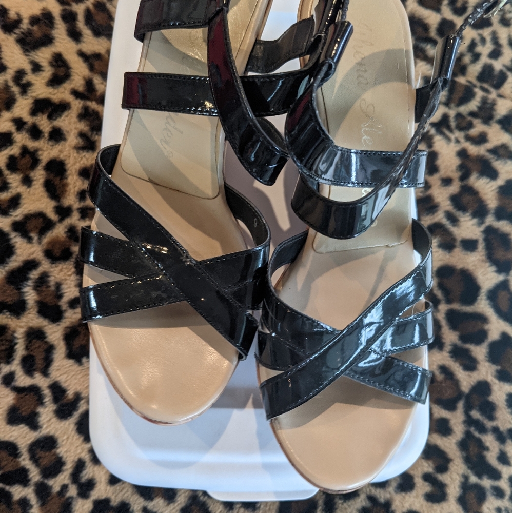 Black strap wedge heel